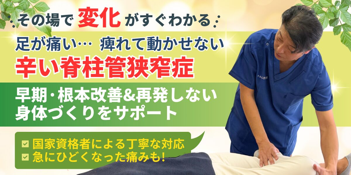 足が痛い… 痺れて動かせない 辛い脊柱管狭窄症 早期·根本改善&再発しない 身体づ﻿くりをサポート